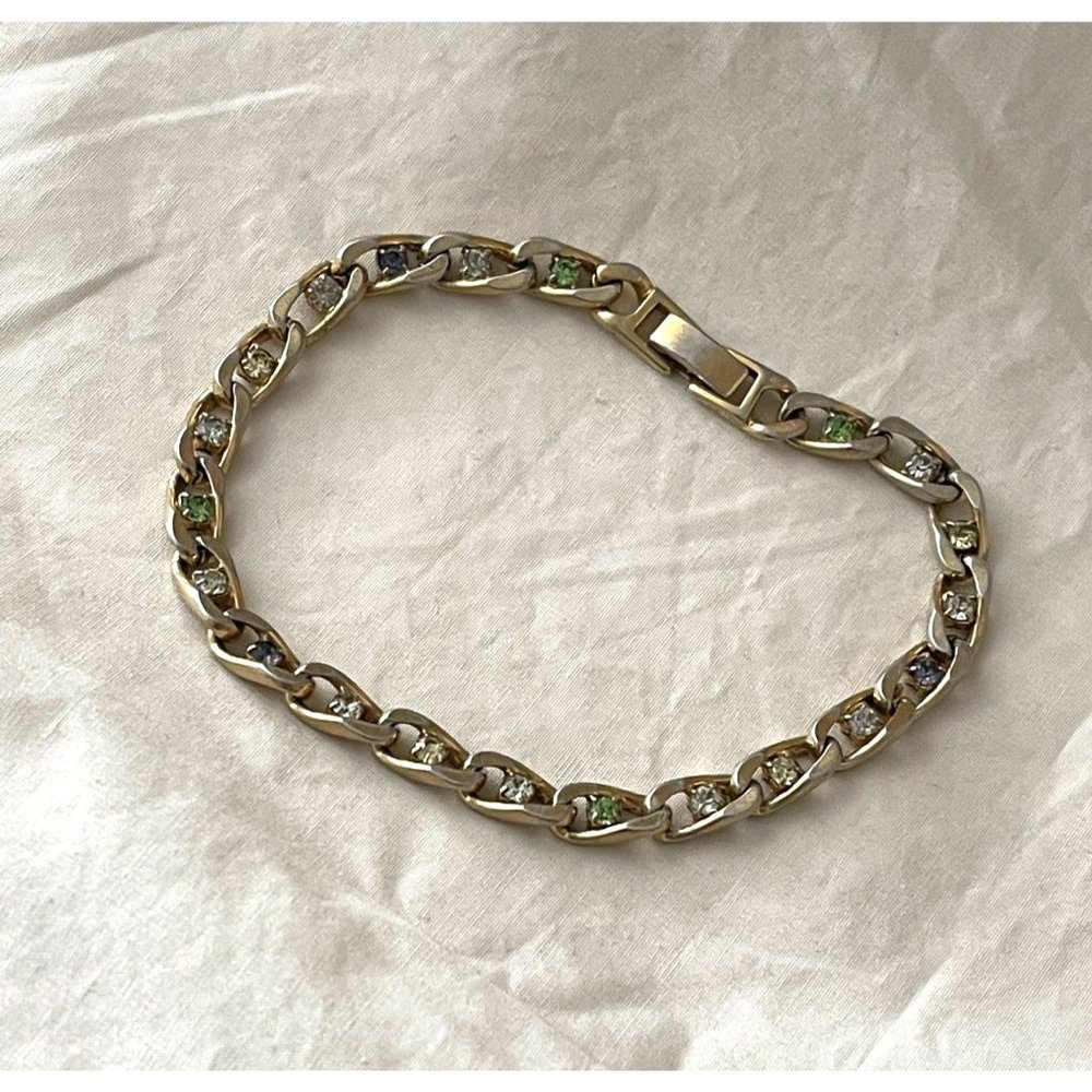 Vintage Multi-Color Rhinestone Chain Link Gold Tone Bracelet